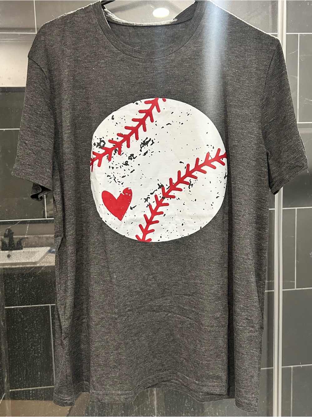 Gray Tee with White Baseball Graphic and Red Heart Accent